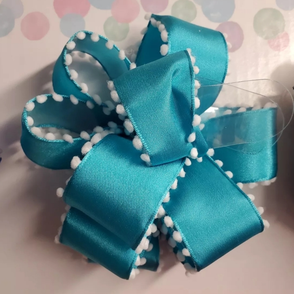 Ribbon Kirkland Wired Satiny Blue Teal Mini Pom Pom Edge 1.5" Wide x 5 Yds, New